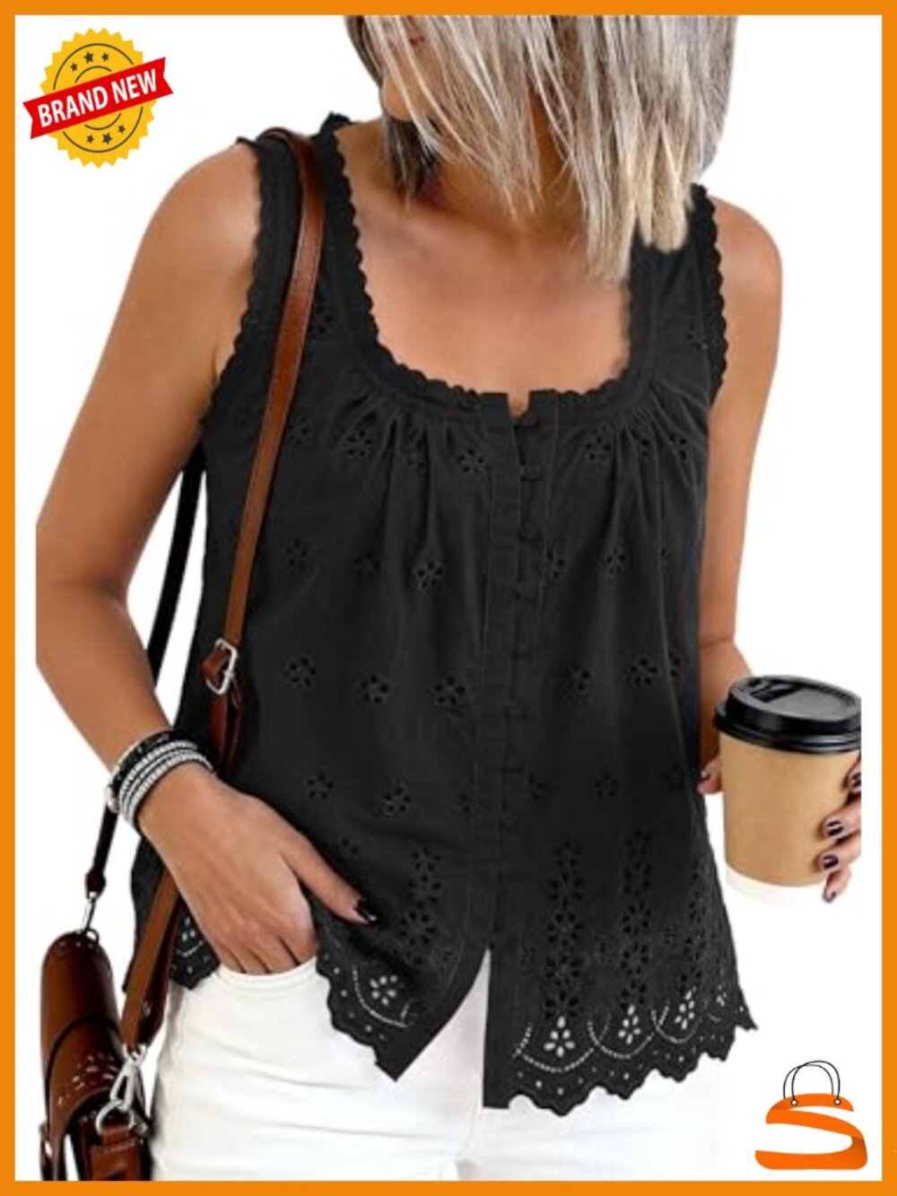Embroidered Eyelet Button Down Tank Top Dressy Casual Blouse Beach Vacation